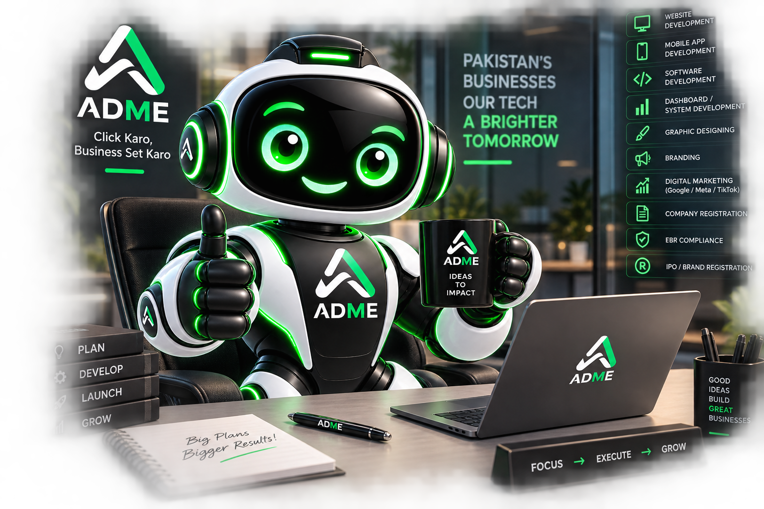 ADME AI business assistant presenting website, app, software, dashboard, design, branding, marketing, company registration, FBR compliance and brand registration services